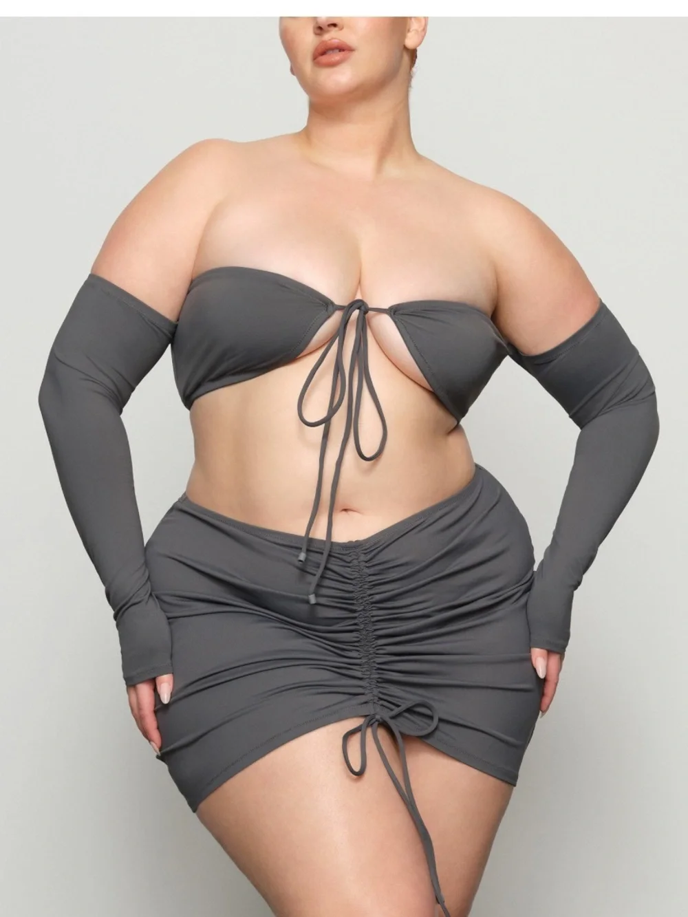 SKIMS Off-Shoulder Long Sleeve Bikini Top in Charcoal NEW